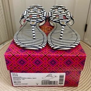 Tory Burch Miller Sandals Nautical Stripes Navy Blue White patent leather size 6